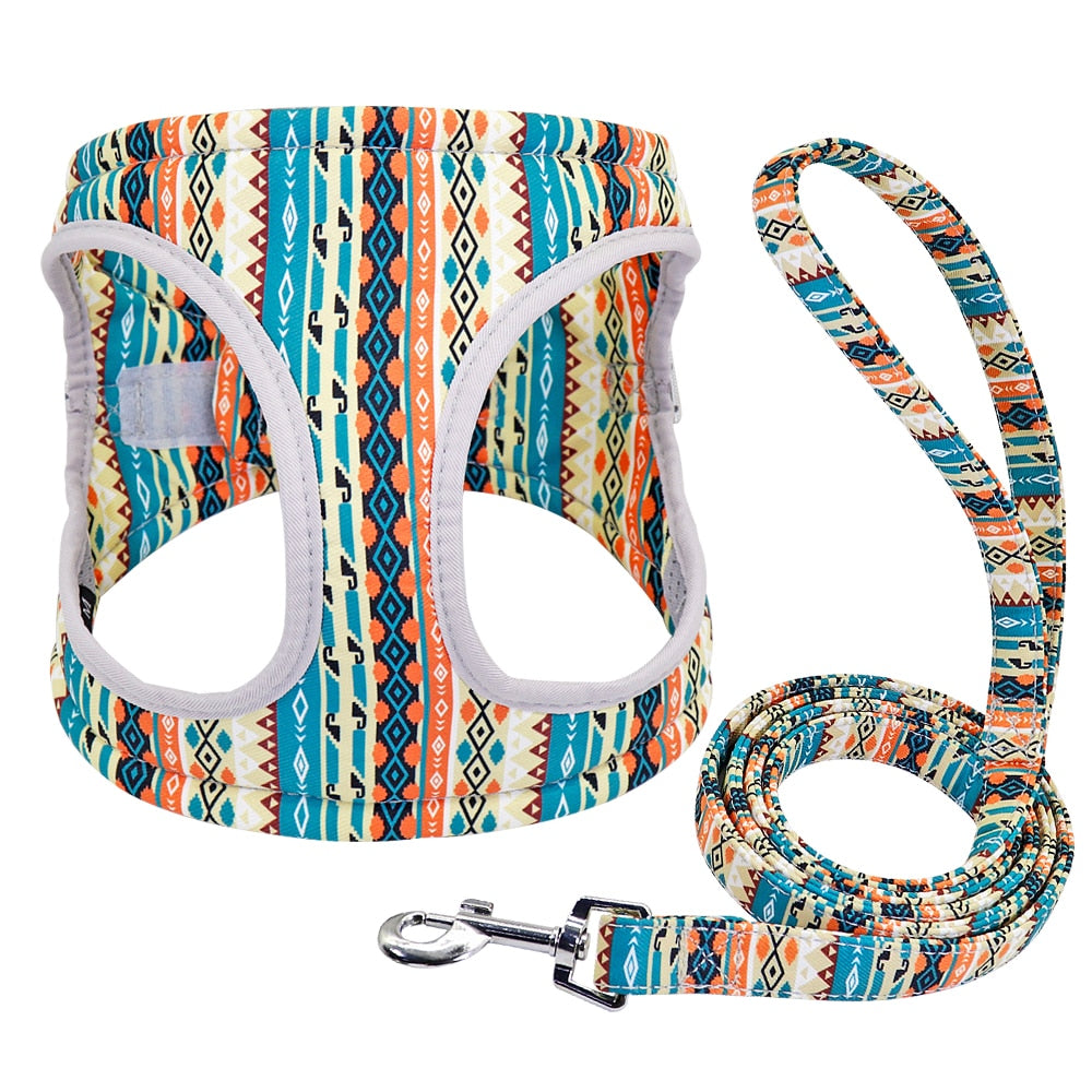 Reflective Dog Harness Soft Mesh Pet Puppy Harness Leash Set Fashion Printed Small Medium Dogs Vest Harnesses French Bulldog