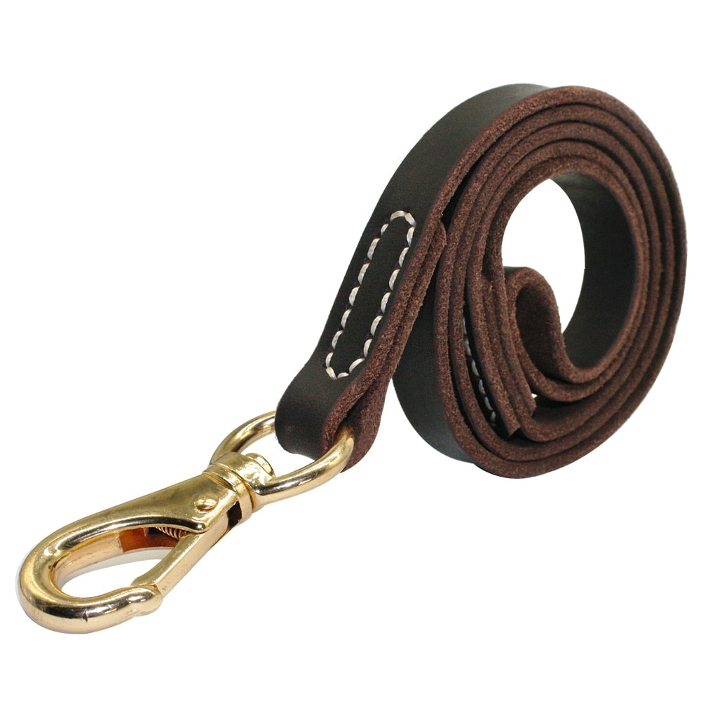 Heavy Duty Handmade Leather Dog Leash Lead Dark Brown Black With Gold Hook Best for Walking Training All Dog Breeds 4 Sizes