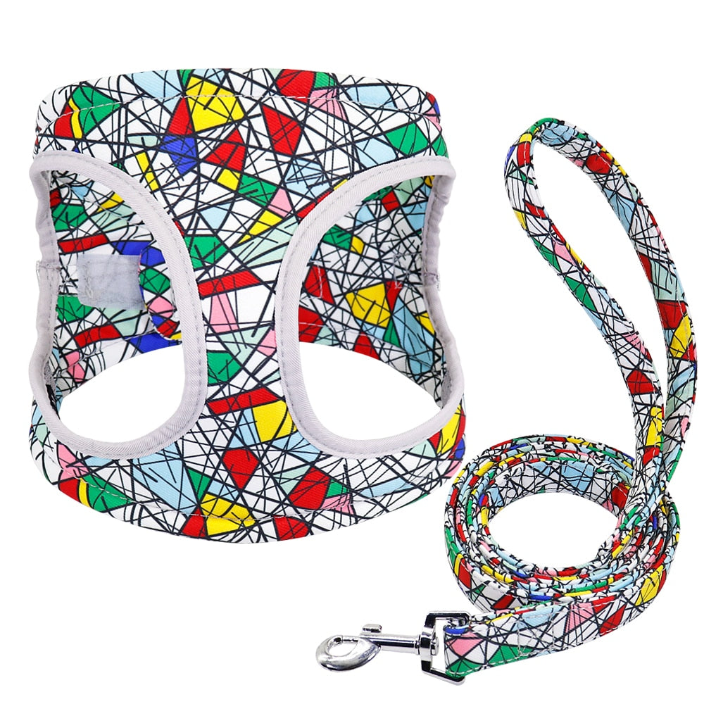Reflective Dog Harness Soft Mesh Pet Puppy Harness Leash Set Fashion Printed Small Medium Dogs Vest Harnesses French Bulldog