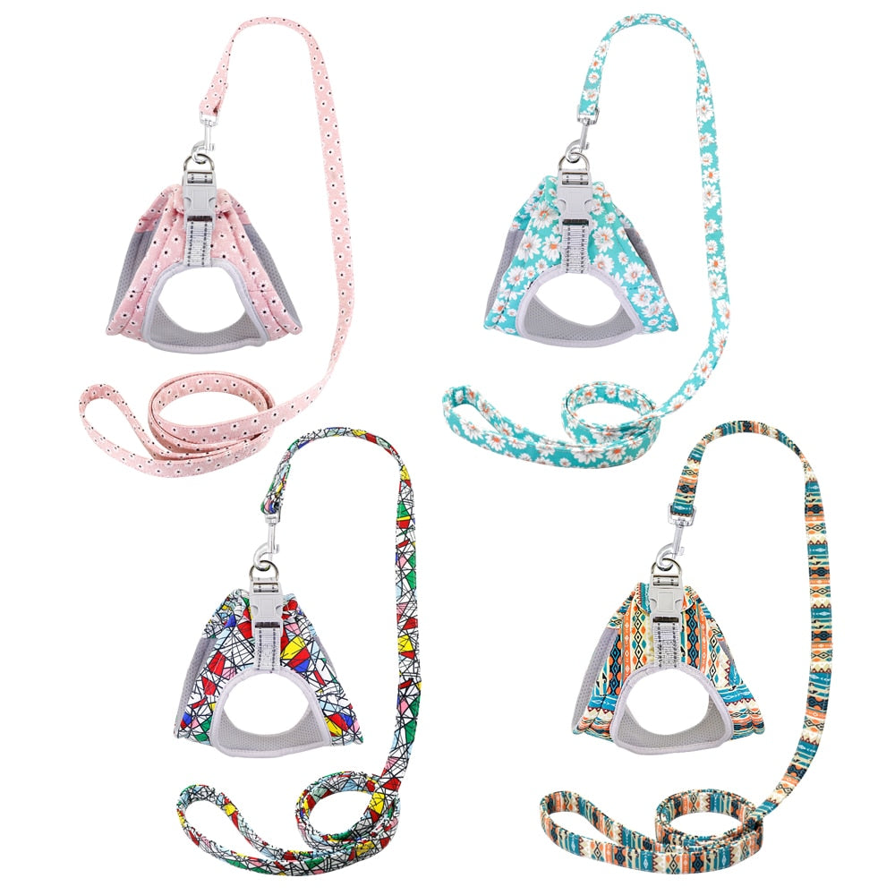 Reflective Dog Harness Soft Mesh Pet Puppy Harness Leash Set Fashion Printed Small Medium Dogs Vest Harnesses French Bulldog