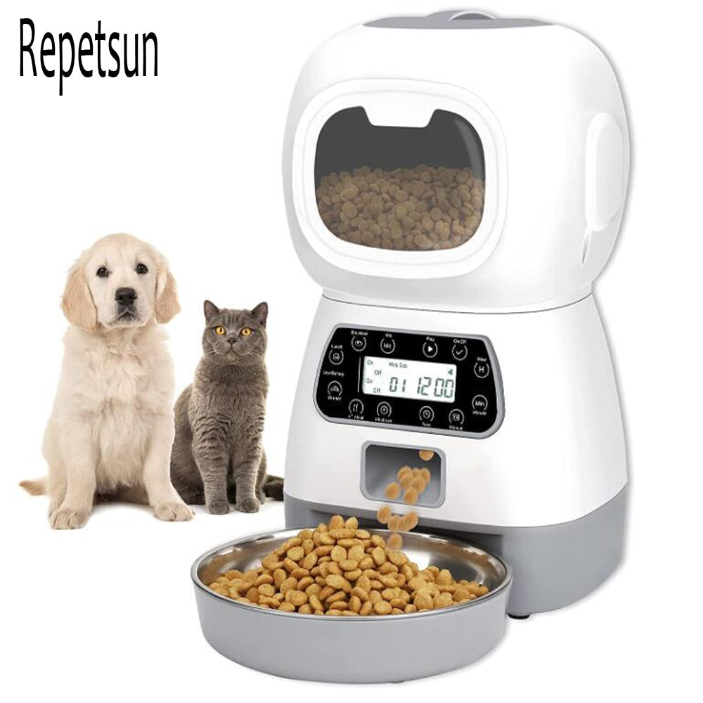 Automatic Pet Smart Food Dispenser for Dogs Timer Stainless Steel Bowl Auto Dog Pet Feeder.