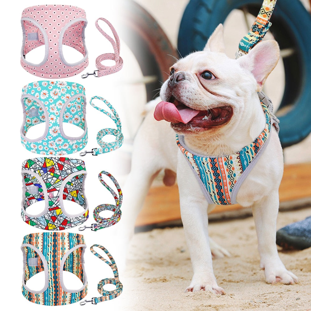Reflective Dog Harness Soft Mesh Pet Puppy Harness Leash Set Fashion Printed Small Medium Dogs Vest Harnesses French Bulldog