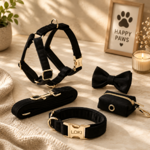 Luxury Black Velvet Personalized Dog Collar & Harness – 5-Piece Set