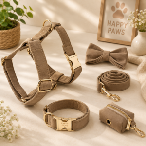 Luxury Light Coffee Velvet Personalized Dog Collar & Harness – 5-Piece Set