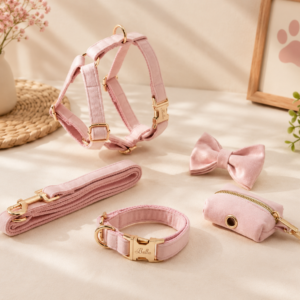 Luxury Pink Velvet Personalized Dog Collar & Harness – 5-Piece Set