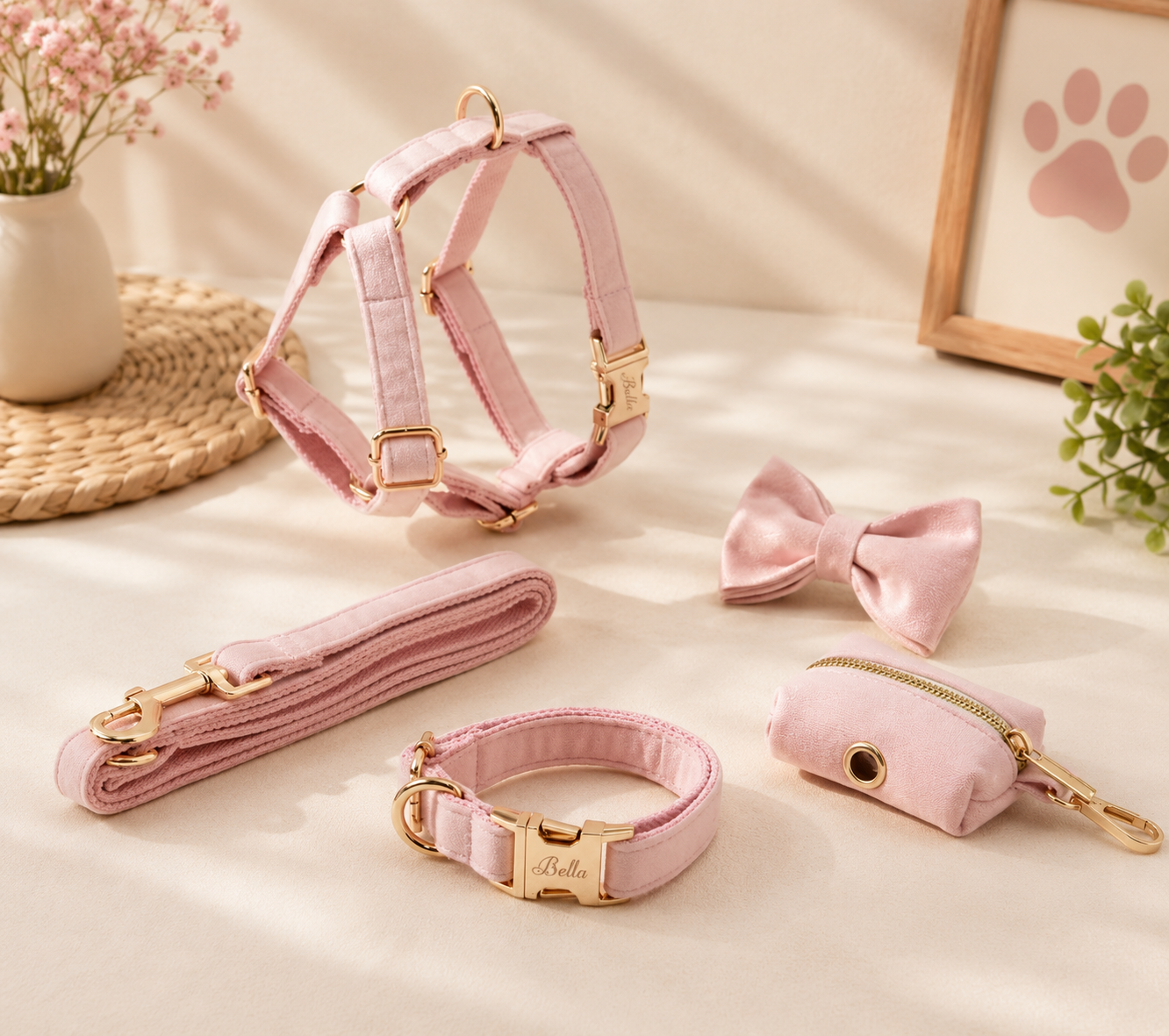 Luxury Pink Velvet Personalized Dog Collar & Harness – 5-Piece Set