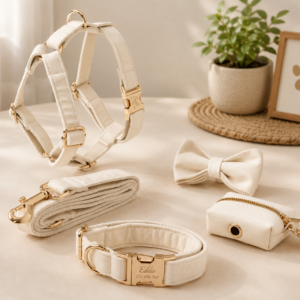 Luxury Cream Velvet Personalized Dog Collar & Harness – 5-Piece Set