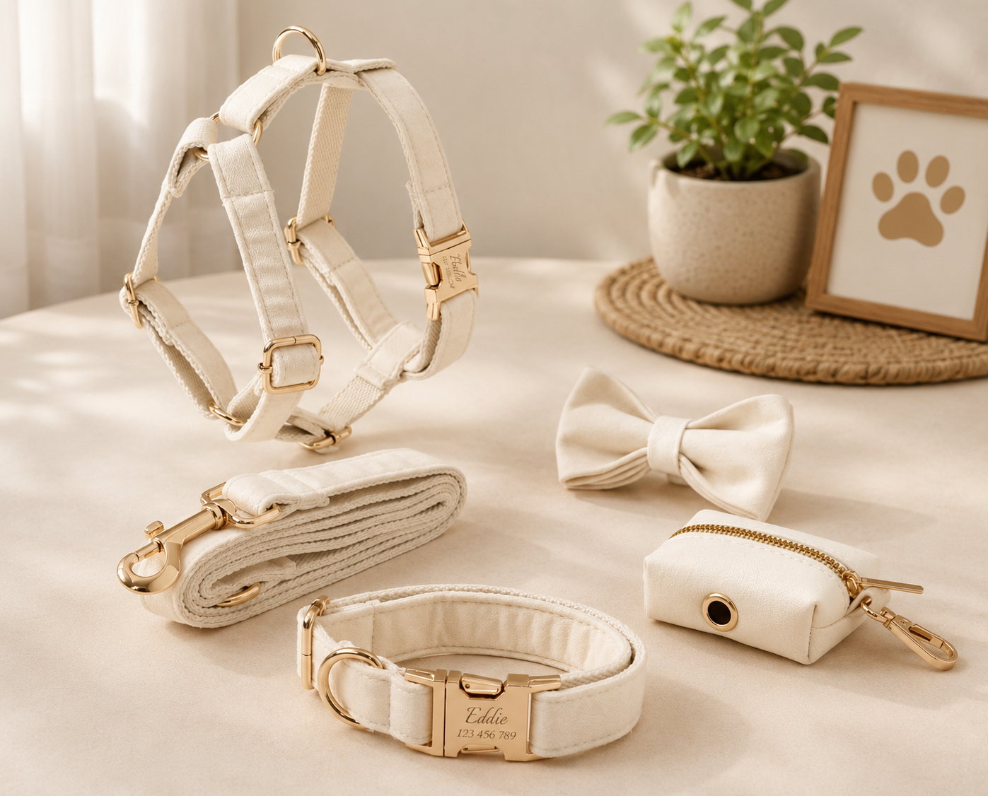 Luxury Cream Velvet Personalized Dog Collar & Harness – 5-Piece Set